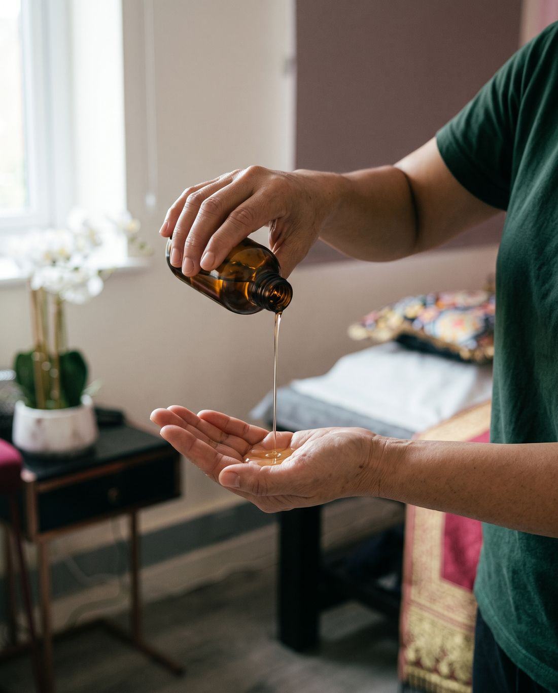 Warm coconut oil poured into a therapist's palm