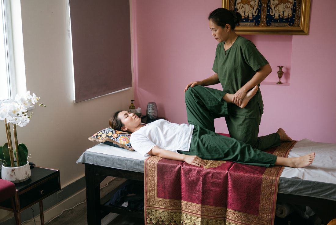 A therapist guiding a client through an assisted Thai leg stretch
